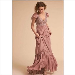 BHLDN Daphne Purple/Pink Beaded Flutter Sleeve Gown size 16